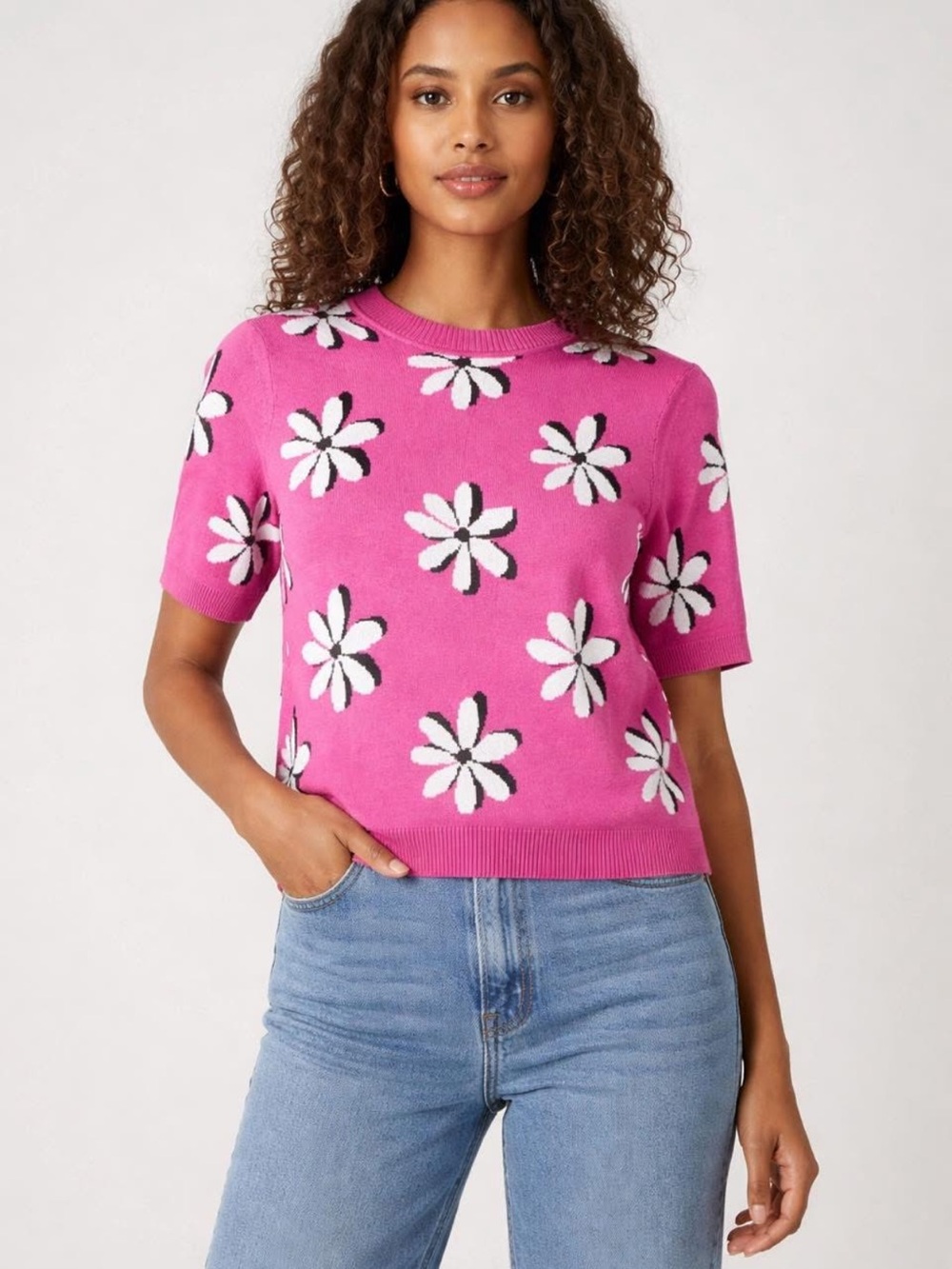 Philosophy Pink Daisy-Print Short Sleeve Crewneck Knit Top
